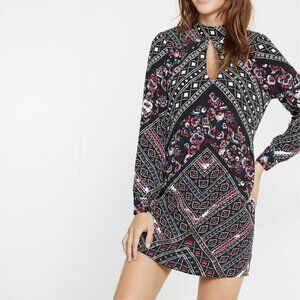 Express Keyhole Geometric Long Sleeve Mini Shift Dress Black Pink Multi NWT M